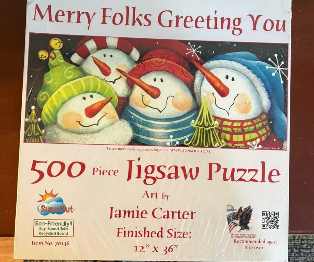 Sealed SunsOut Merry Folks Greeting You Snowman Christmas 500 Pc Puzzle